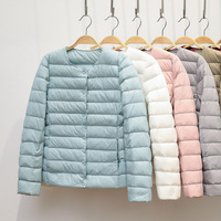 2021 nowe zimowe kobiety żakiet Ultralight bez kołnierza kurtka z puchu kaczego przenośne kobiet wyściełane parki O-Neck Puffer płaszcz 1